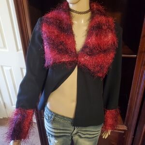Vintage Black Open Blouse w Red Fuzzy Accents